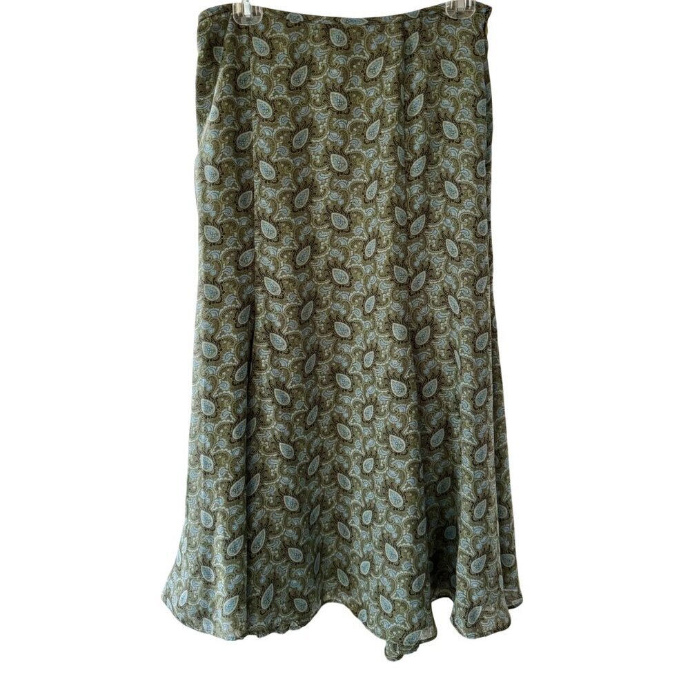 Rena Rowan Green Blue Paisley Lined Midi Skirt Polyester Womens Size 6